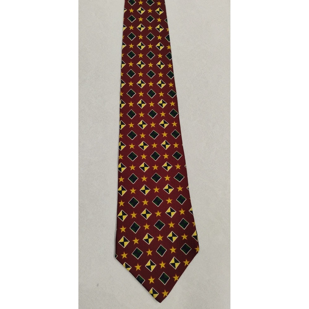 Tommy Hilfiger Tie Silk Geometric Stars 4" x 58" Rust, Yellow, Navy Blue, Green - Picture 2 of 4